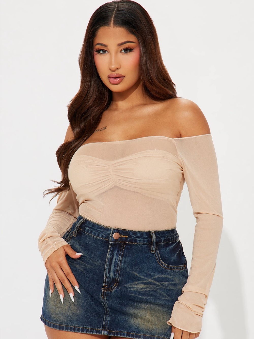 Fashion Nova Beige Off-Shoulder Long Sleeve Top